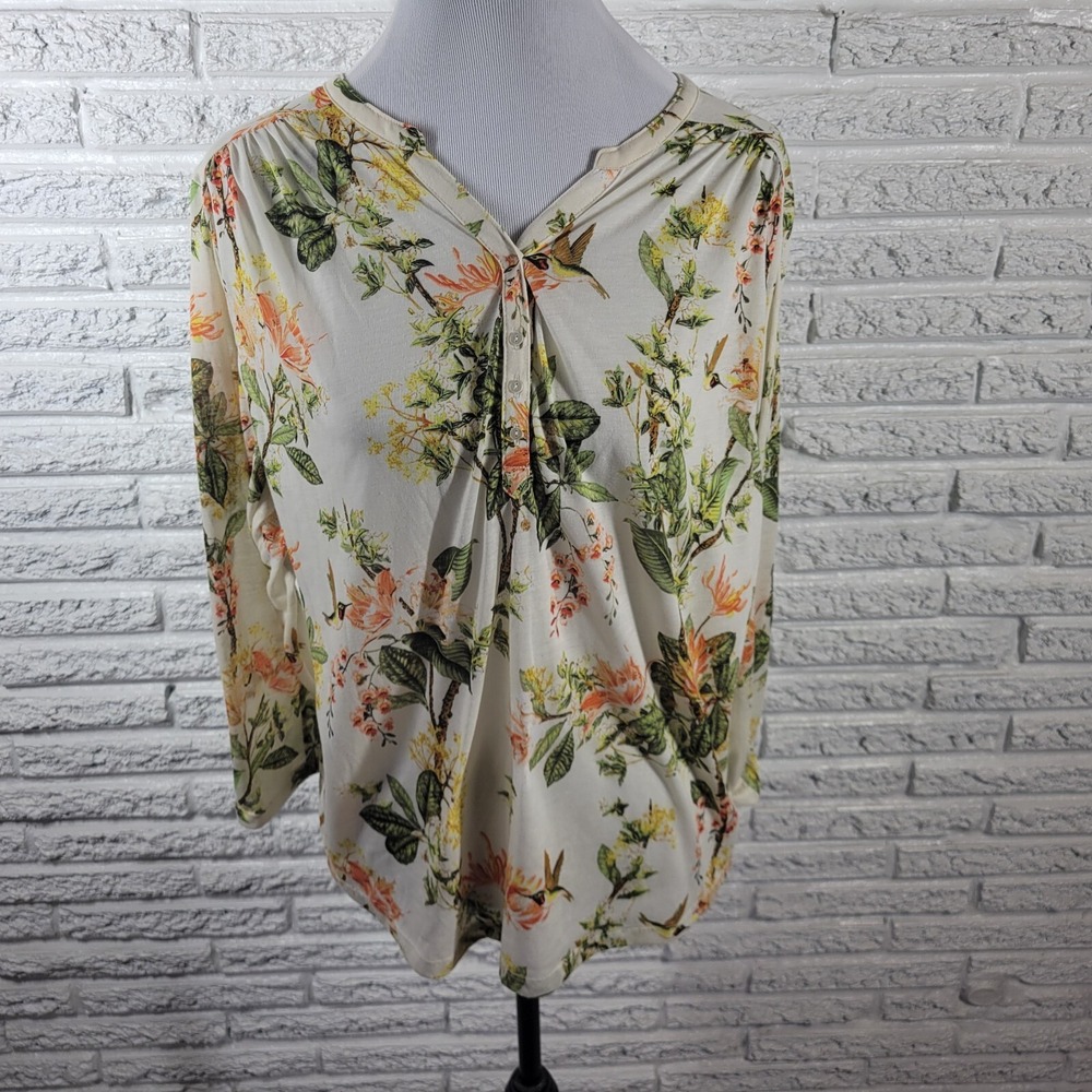 H & M Womens Top Extra Large XL Long Sleeve Green Yellow Floral Quarter Button